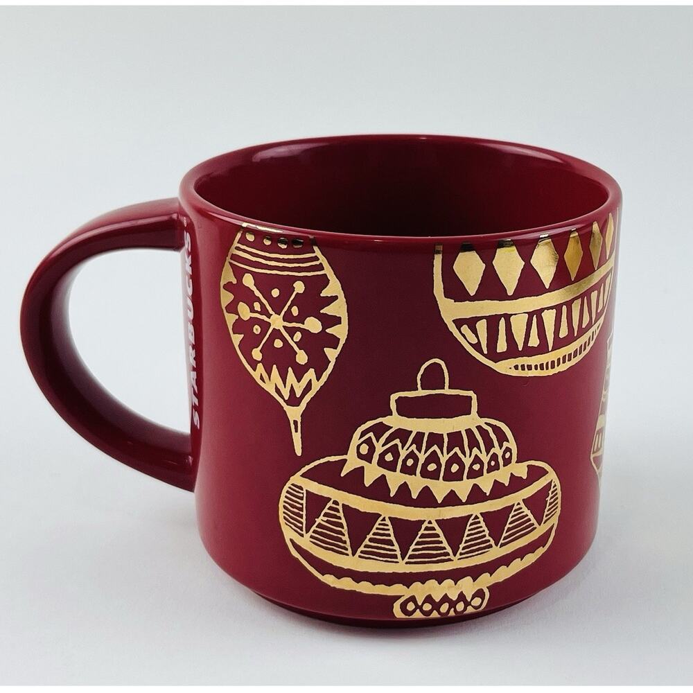 Starbucks 2015 Christmas Coffee Mug 14 oz Red Gold Ornaments Xmas Tea Cup Soup L